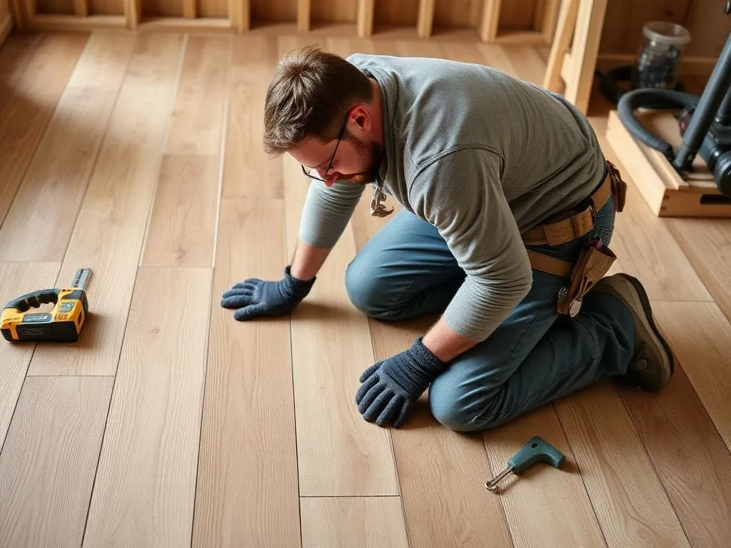 Installer fitting wide plank wood flooring during installation