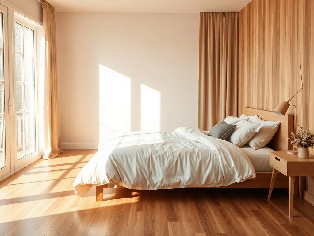 Warm laminate flooring installed in a sunlit bedroom