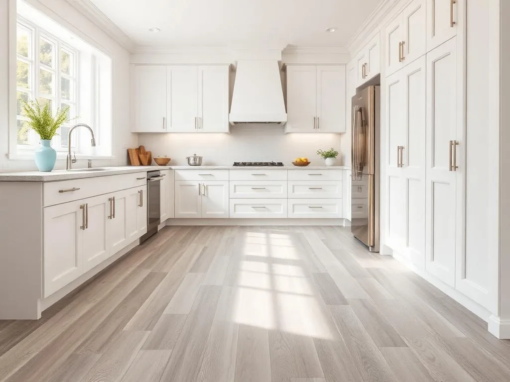 Luxury vinyl plank flooring in a bright white kitchen